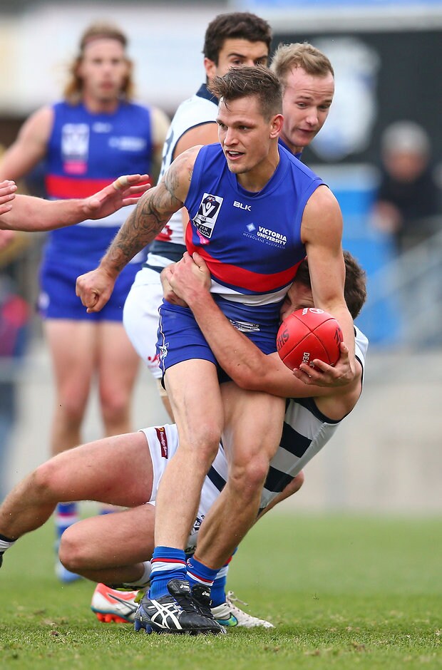 VFL 2016 Rd 10 - Footscray v Geelong MELBOURNE, AUSTRALIA - JUNE 11: Clay Smith of the Footscray Bulldogs competes for the ball during the round ten VFL match between the Footscray Bulldogs and Geelong at Whitten Oval on June 11, 2016 in Melbourne, Australia. (Photo by Scott Barbour/AFL Media)